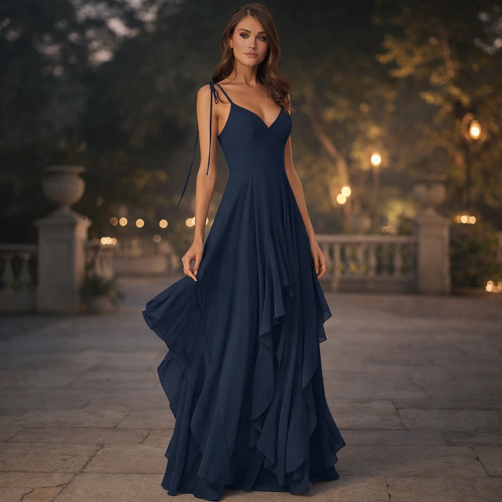 Azazie Navy Blue Maxi Dress with Tie Straps